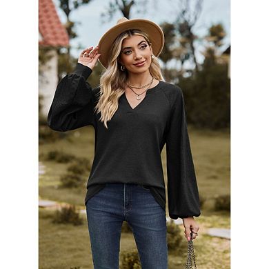 Womens Tops Casual V Neck Waffle Knit Long Sleeve Shirts Trendy Loose Tunic Pullover Work Blouses