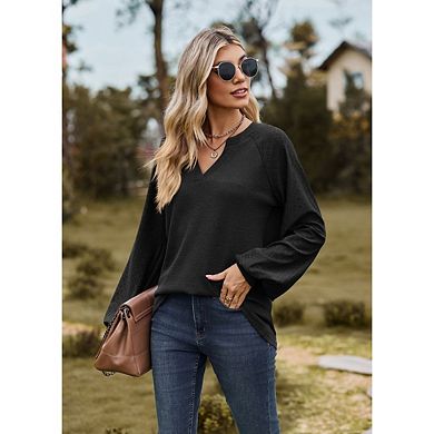Womens Tops Casual V Neck Waffle Knit Long Sleeve Shirts Trendy Loose Tunic Pullover Work Blouses