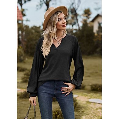 Womens Tops Casual V Neck Waffle Knit Long Sleeve Shirts Trendy Loose Tunic Pullover Work Blouses