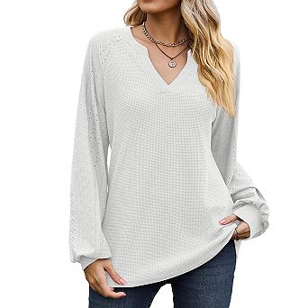 Womens Tops Casual V Neck Waffle Knit Long Sleeve Shirts Trendy Loose Tunic Pullover Work Blouses