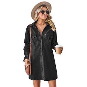 Women's Denim Shirt Dress Long Sleeve Button Down Casual Jean Dress with Elastic Cuffs