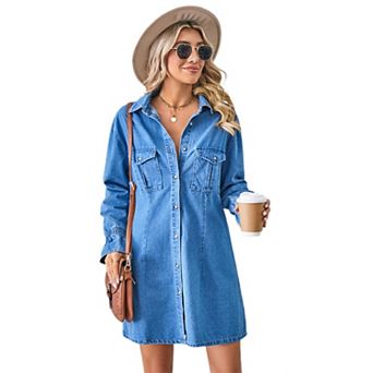 Women's Denim Shirt Dress Long Sleeve Button Down Casual Jean Dress with Elastic Cuffs