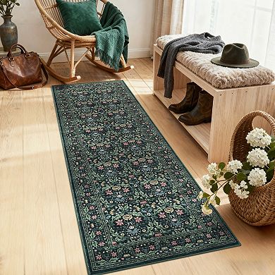 Boho Floral Washable Area Rug Non-Slip Low Pile Mark Resistant Carpet