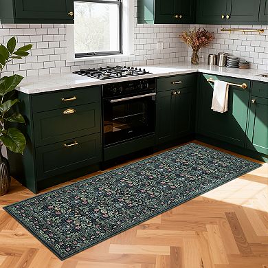 Boho Floral Washable Area Rug Non-Slip Low Pile Mark Resistant Carpet