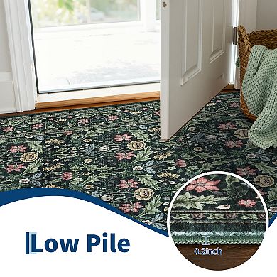 Boho Floral Washable Area Rug Non-Slip Low Pile Mark Resistant Carpet