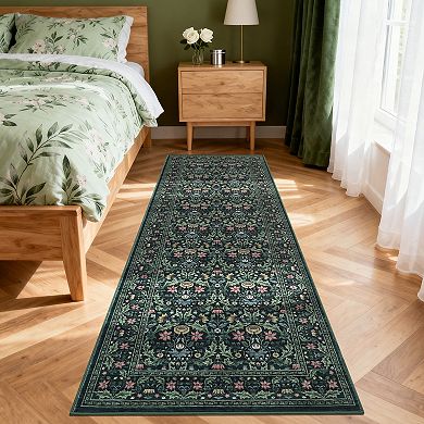 Boho Floral Washable Area Rug Non-Slip Low Pile Mark Resistant Carpet