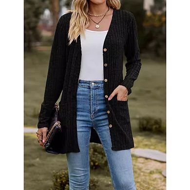 Womens Sweater Long Sleeve Cardigan Casual Fall Open Front Button Cardigans with Pockets