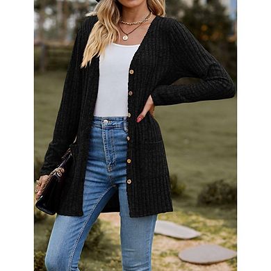 Womens Sweater Long Sleeve Cardigan Casual Fall Open Front Button Cardigans with Pockets