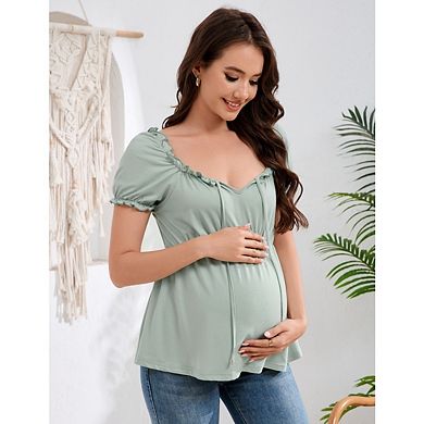 Women's Maternity Top V Neck Short Sleeve Clothes Ruched Front Tie Ruffle Maternity Shirt