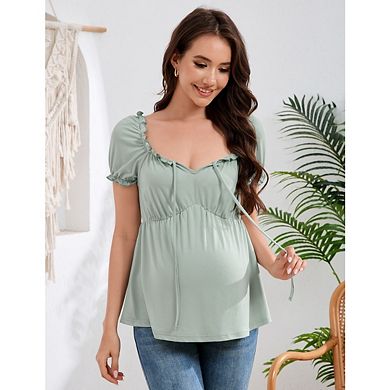 Women's Maternity Top V Neck Short Sleeve Clothes Ruched Front Tie Ruffle Maternity Shirt
