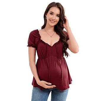 Women's Maternity Top V Neck Short Sleeve Clothes Ruched Front Tie Ruffle Maternity Shirt