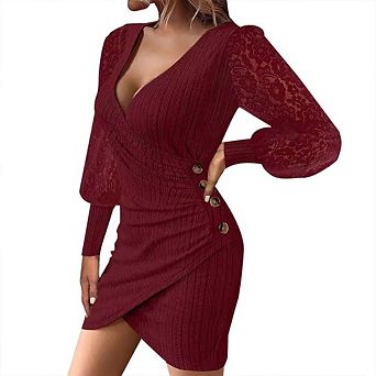 Women's V Neck Lace Long Sleeve Dress Ruched Sheath Bodycon Party Cocktail Work Dress