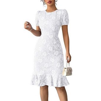 Womens Casual Floral Puff Short Sleeve Dress Lace Embroidery Textured Midi Dress Bodycon Dresses