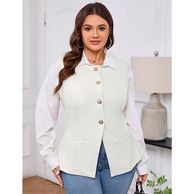 Women's Plus Size Blzaer Vest Button Down Crew Neck Solid Color Casual Loose Sleeveless Top