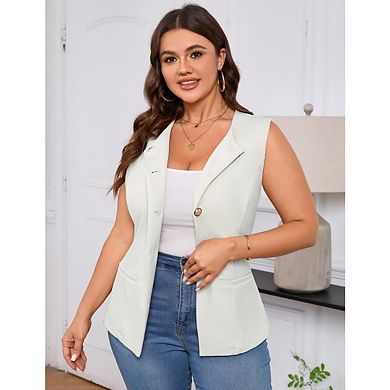 Women's Plus Size Blzaer Vest Button Down Crew Neck Solid Color Casual Loose Sleeveless Top