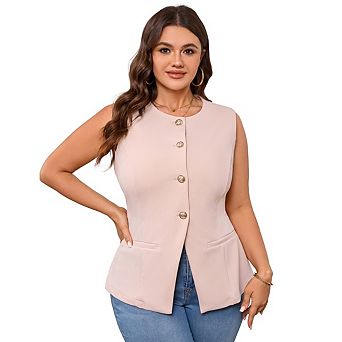 Women's Plus Size Blzaer Vest Button Down Crew Neck Solid Color Casual Loose Sleeveless Top