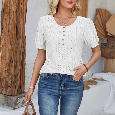 Women's Elegant Eyelet Blouse Short Puff Sleeve Crewneck Top with Button Accents