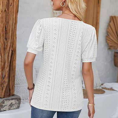 Women's Elegant Eyelet Blouse Short Puff Sleeve Crewneck Top with Button Accents
