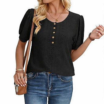 Women's Elegant Eyelet Blouse Short Puff Sleeve Crewneck Top with Button Accents