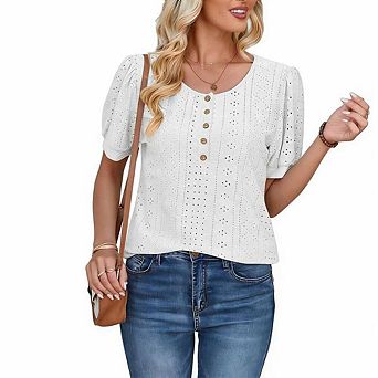 Women's Elegant Eyelet Blouse Short Puff Sleeve Crewneck Top with Button Accents