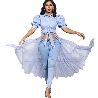 Women's Casual Mesh See Through Shirts Long Dresses with Belt V Neck Button Down Club Party Outfit
