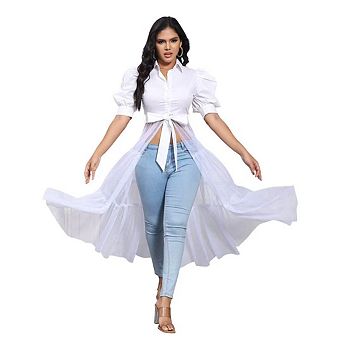 Women's Casual Mesh See Through Shirts Long Dresses with Belt V Neck Button Down Club Party Outfit