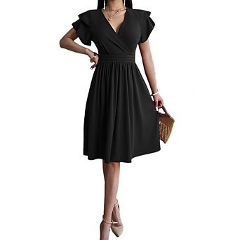 Women's Casual Short Sleeve Dresses Summer V Neck A Line Pleated Elegant Dress Cocktail Work Dress