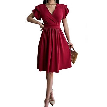 Women's Casual Short Sleeve Dresses Summer V Neck A Line Pleated Elegant Dress Cocktail Work Dress