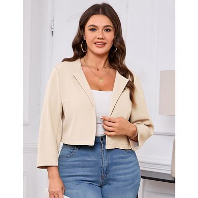 Women Plus Size Open Front Cropped Blazer Crew Neck Slim Fit Solid Jacket Lightweight Cardigan