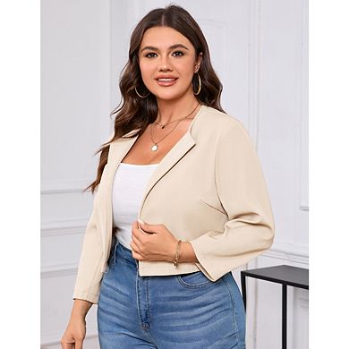Women Plus Size Open Front Cropped Blazer Crew Neck Slim Fit Solid Jacket Lightweight Cardigan