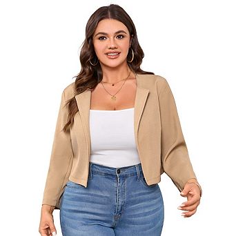 Women Plus Size Open Front Cropped Blazer Crew Neck Slim Fit Solid Jacket Lightweight Cardigan
