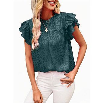 Women's Print Blouse Ruffled Short Sleeve Wave Neck Top Casual T-Shirt