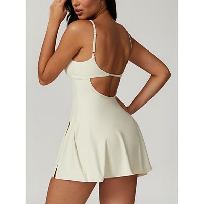 Women Casual Square Neck Dress with Shorts Spaghetti Strap Backless Workout  Side Slit Athletic Dress