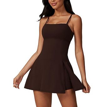 Women Casual Square Neck Dress with Shorts Spaghetti Strap Backless Workout Side Slit Athletic Dress