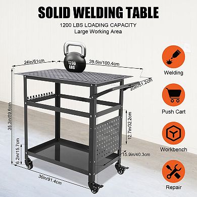 1200 lb Welding Table Cart with Wheels, 36x24 Steel Workbench with Fixture Holes