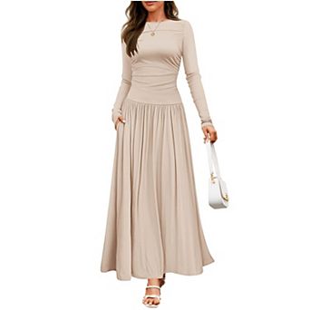 Women's Casual Long Sleeve Maxi Dress Crew Neck Empire Waist Pleated Long Dresses with Pockets