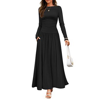 Women's Casual Long Sleeve Maxi Dress Crew Neck Empire Waist Pleated Long Dresses with Pockets