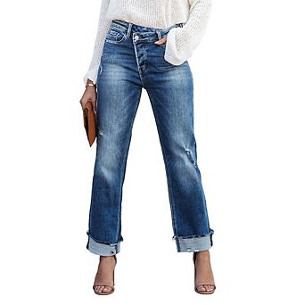 Women Wide Leg Jeans Trendy Cropped High Waisted Crossover Boyfriend Jeans Stretchy Denim