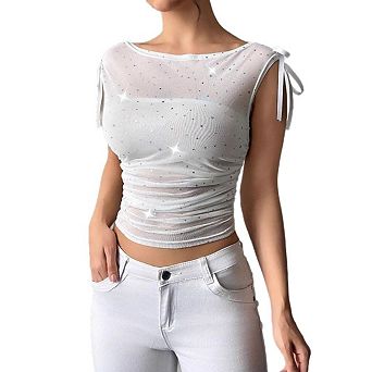Women's Elegant Sequin Mesh Blouse Off-Shoulder Bow Ruched Top for Elevated Casual Wear