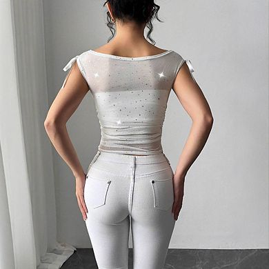 Women's Elegant Sequin Mesh Blouse Off-Shoulder Bow Ruched Top for Elevated Casual Wear