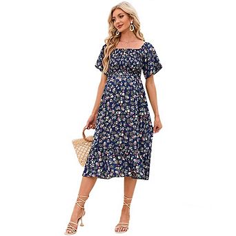 Women Floral Maternity Dress Square Neck Puff Sleeve Smocked Boho A Line Dress Photoshoot BabyShower