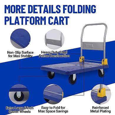 2000 lb Folding Flatbed Platform Cart, Heavy-Duty Steel Dolly with Rubber Wheels for Warehouse
