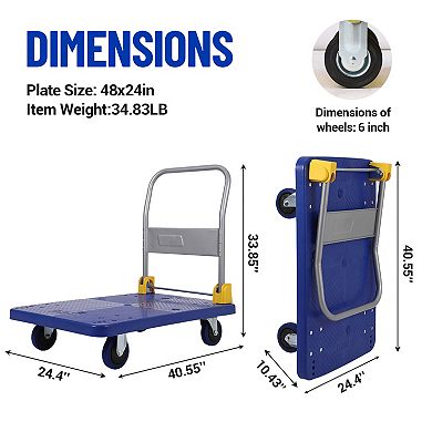 2000 lb Folding Flatbed Platform Cart, Heavy-Duty Steel Dolly with Rubber Wheels for Warehouse