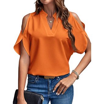 Women's Cold Shoulder Notched V Neck Cut Out Short Sleeve Blouse Top