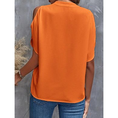 Women's Cold Shoulder Notched V Neck Cut Out Short Sleeve Blouse Top