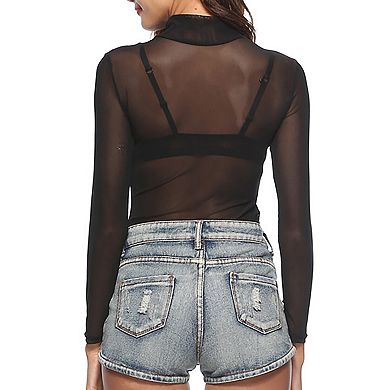 Women's Fitted Sheer Mesh Blouse Turtleneck Long Sleeve Layering Top
