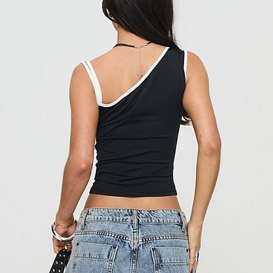 Women's One Shoulder Tank Tops Double Lined Sleeveless Contrast Trim Stretchy Fitted Crop Top