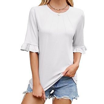 Women 3/4 Length Sleeve Tops Dressy Casual Shirts Ruffle Bell Sleeve Front Pleated Summer Blouses