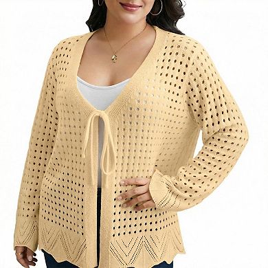 Plus Size Women Tie Front Hollow Out Knit Cardigan