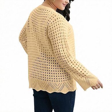 Plus Size Women Tie Front Hollow Out Knit Cardigan